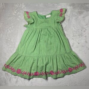 Peek Girls Green Metallic Striped Pink Embroidered Floral Flutter Dress Size 4/5